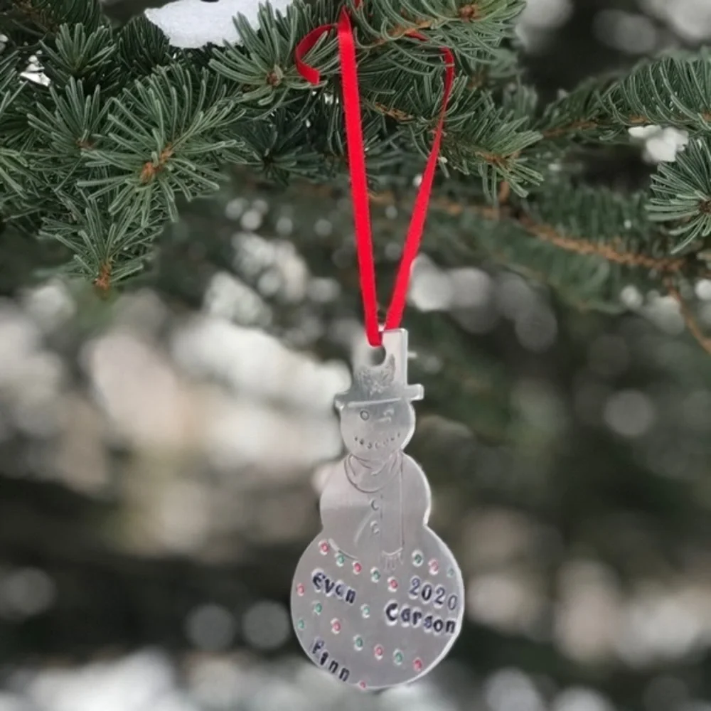 Handmade stamped silver aluminum personalized snowman holiday Christmas ornament